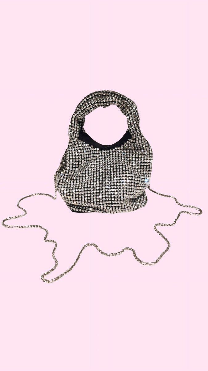 Borsa in strass con tracolla rimovibile e chiusura a clip